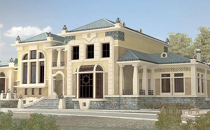 3. Проект двухэтажного дома в классическом стиле с многоскатной кровлей, SOV-3, площадью - 1082 кв c цокольным этажом, сауной, балконом, эркером